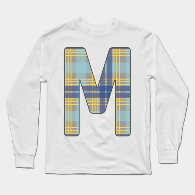 Monogram Letter M, Blue, Yellow and Grey Scottish Tartan Style Typography Design Long Sleeve T-Shirt by MacPean